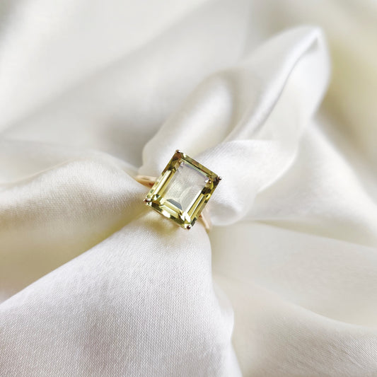 Natural Lemon Topaz Ring, 14K Yellow Gold Lemon Topaz Ring, Emerald Cut Octagon Ring, Lemon Topaz Jewelry, November Birthstone Ring