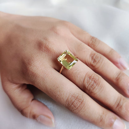 Natural Lemon Topaz Ring, 14K Yellow Gold Lemon Topaz Ring, Emerald Cut Octagon Ring, Lemon Topaz Jewelry, November Birthstone Ring