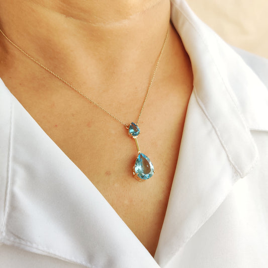 Natural Sky Blue Topaz Necklace, 14K Solid Yellow Gold Pendant, December Birthstone Necklace, Pear Cut Topaz Jewelry, Dainty Topaz Necklace