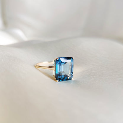 Natural London Blue Topaz Ring, 14K Solid Yellow Gold Topaz Ring, Emerald Cut Ring, Blue Topaz Jewelry, December Birthstone, Statement Ring