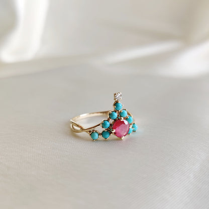 Natural Ruby Turquoise Diamond Ring, 14K Solid Yellow Gold Ring, Natural Ruby Turquoise Ring, July December Birthstone, Turquoise Jewelry