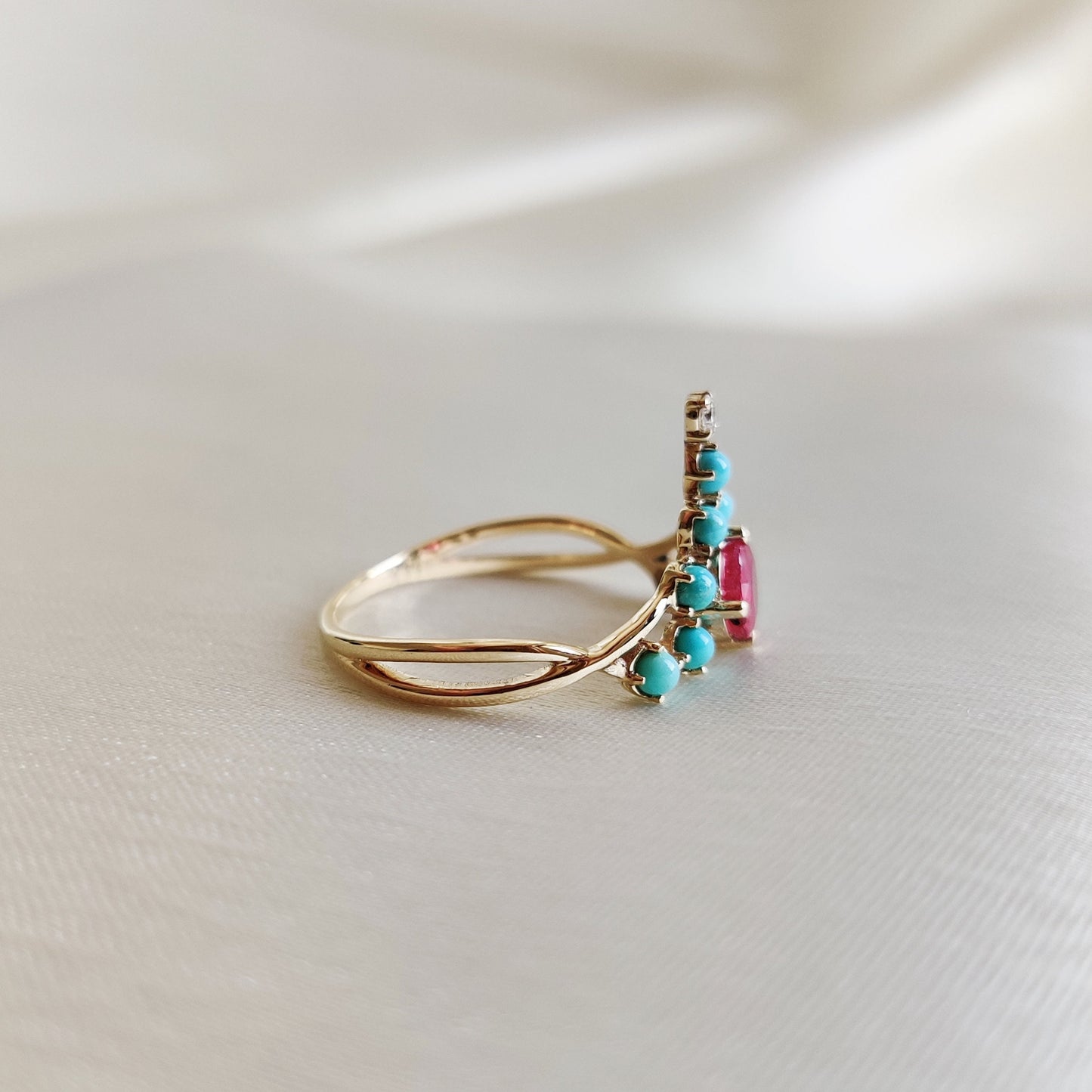 Natural Ruby Turquoise Diamond Ring, 14K Solid Yellow Gold Ring, Natural Ruby Turquoise Ring, July December Birthstone, Turquoise Jewelry