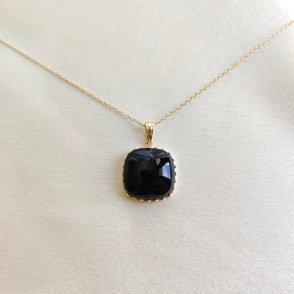 Natural Black Onyx Pendant, 14K Solid Yellow Gold Black Onyx Pendant, December Birthstone Pendant, Crown Bezel Pendant, Cushion Onyx Pendant