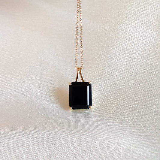 Colgante de ónix negro natural, colgante de ónix negro de oro amarillo macizo de 14 quilates, colgante de piedra natal de diciembre, colgante de ónix de talla esmeralda, regalo de Navidad