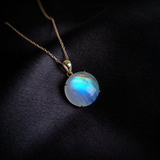 Natural Rainbow Moonstone Pendant, 14K Solid Yellow Gold Moonstone Pendant, June Birthstone, Christmas Present, Blue Moonstone Jewelry