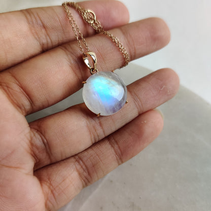 Natural Rainbow Moonstone Pendant, 14K Solid Yellow Gold Moonstone Pendant, June Birthstone, Christmas Present, Blue Moonstone Jewelry