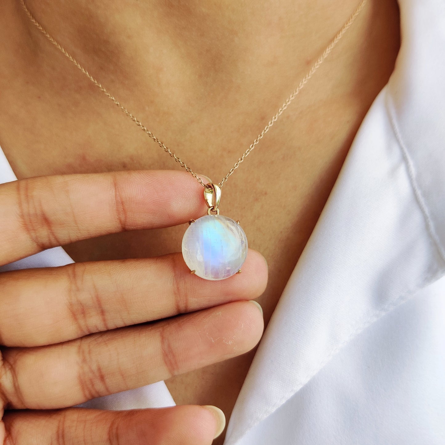 Natural Rainbow Moonstone Pendant, 14K Solid Yellow Gold Moonstone Pendant, June Birthstone, Christmas Present, Blue Moonstone Jewelry