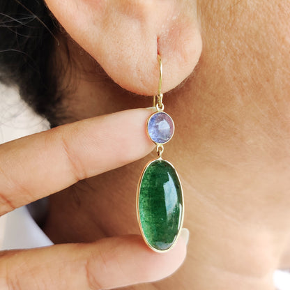 Natural Green Aventurine & Tanzanite Earrings, 14K Solid Yellow Gold Earrings, August and December Birthstone, Drop Earrings, Christmas Gift