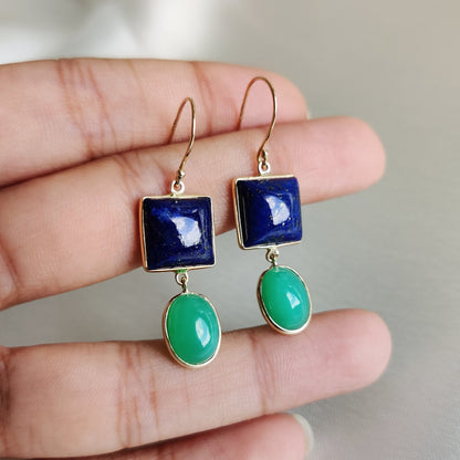 Natural Lapis & Chrysoprase Earrings, 14K Solid Yellow Gold Earring, June and September Birthstone, Bezel Earring, Christmas Present