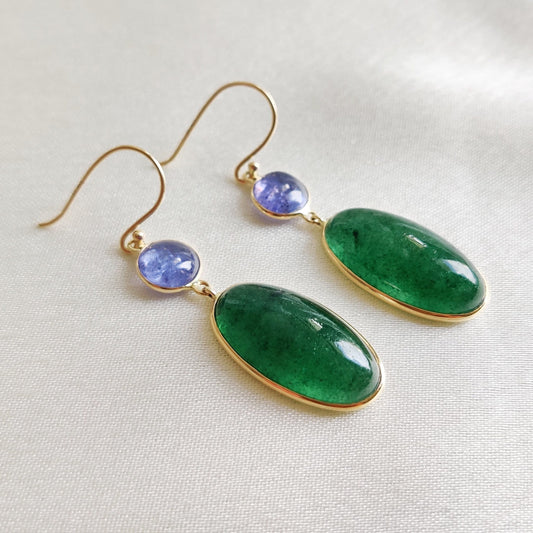 Natural Green Aventurine & Tanzanite Earrings, 14K Solid Yellow Gold Earrings, August and December Birthstone, Drop Earrings, Christmas Gift