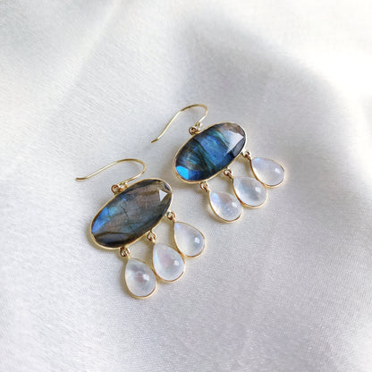 Natural Labradorite & Moonstone Earrings, 14K Solid Yellow Gold Earrings, Blue Labradorite, Rainbow Moonstone Jewelry, November Birthstone