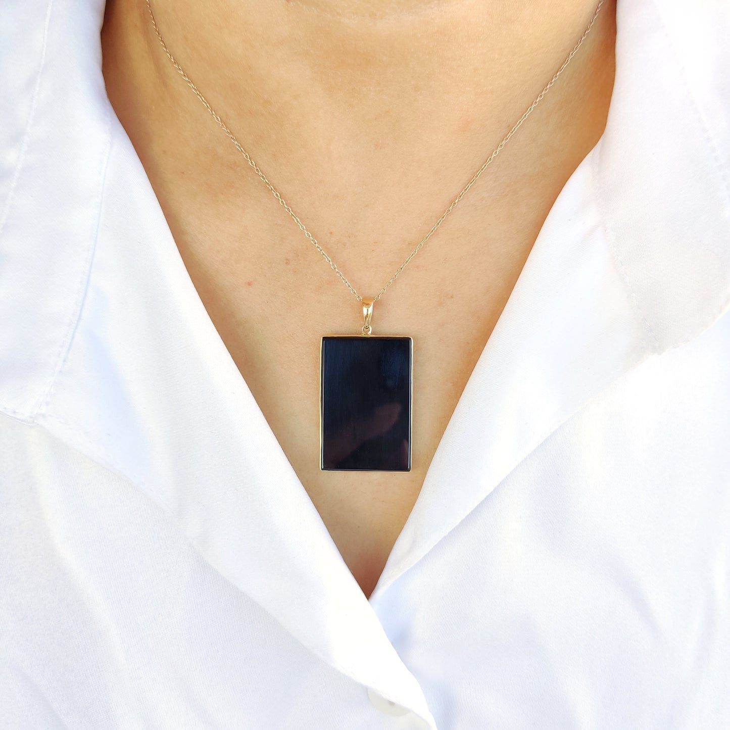 Natural Black Onyx Pendant, 14K Solid Yellow Gold Black Onyx Pendant, Flat Rectangle Pendant, December Birthstone, Christmas Present