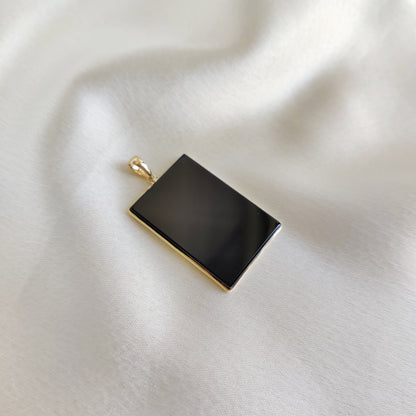 Natural Black Onyx Pendant, 14K Solid Yellow Gold Black Onyx Pendant, Flat Rectangle Pendant, December Birthstone, Christmas Present