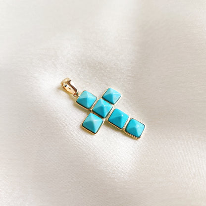 Natural Arizona Turquoise Cross Pendant, 14K Solid Gold Sleeping Beauty Turquoise Pendant, December Birthstone, Turquoise Holy Cross Pendant