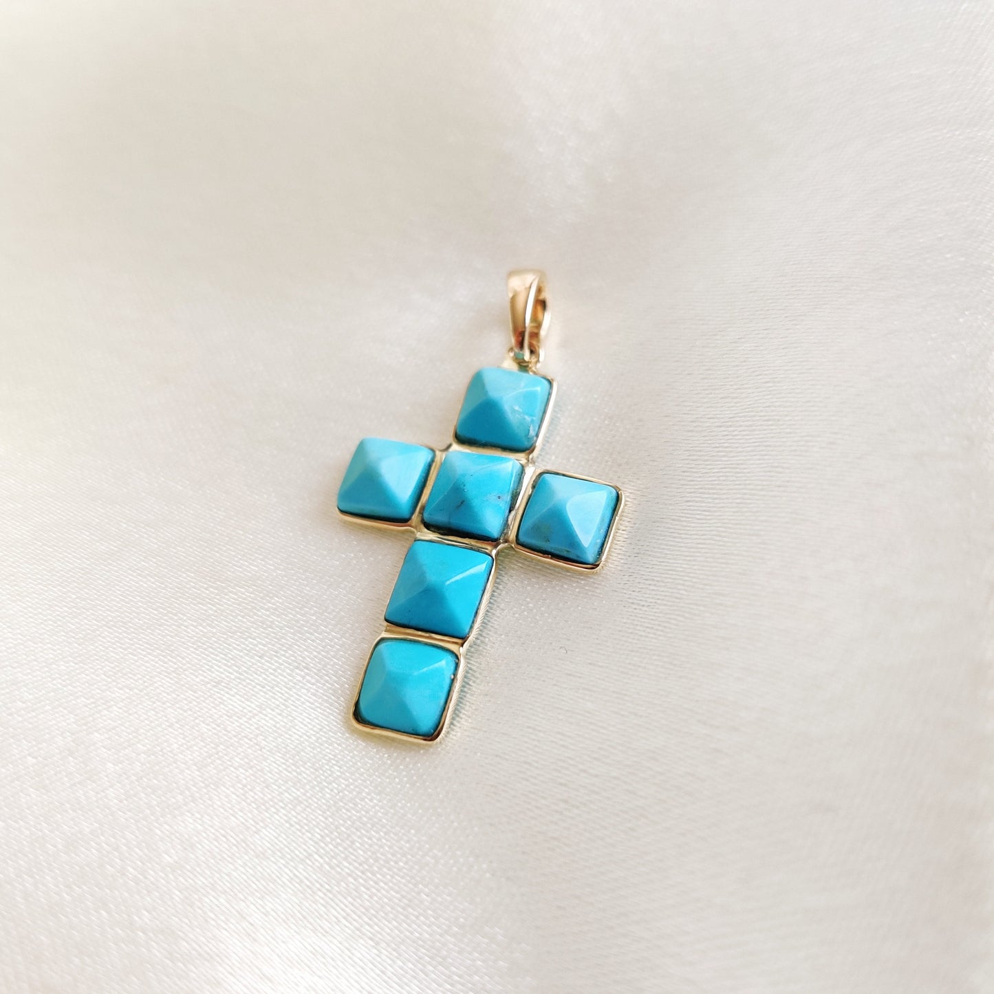 Natural Arizona Turquoise Cross Pendant, 14K Solid Gold Sleeping Beauty Turquoise Pendant, December Birthstone, Turquoise Holy Cross Pendant