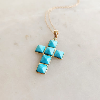 Natural Arizona Turquoise Cross Pendant, 14K Solid Gold Sleeping Beauty Turquoise Pendant, December Birthstone, Turquoise Holy Cross Pendant