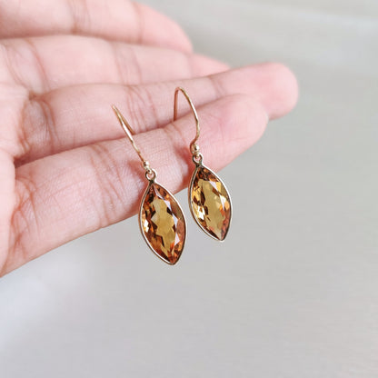 Natural Citrine Earrings, 14K Solid Yellow Gold Citrine Earring, Bezel Earrings, November Birthstone, Drop Earrings, Christmas Present