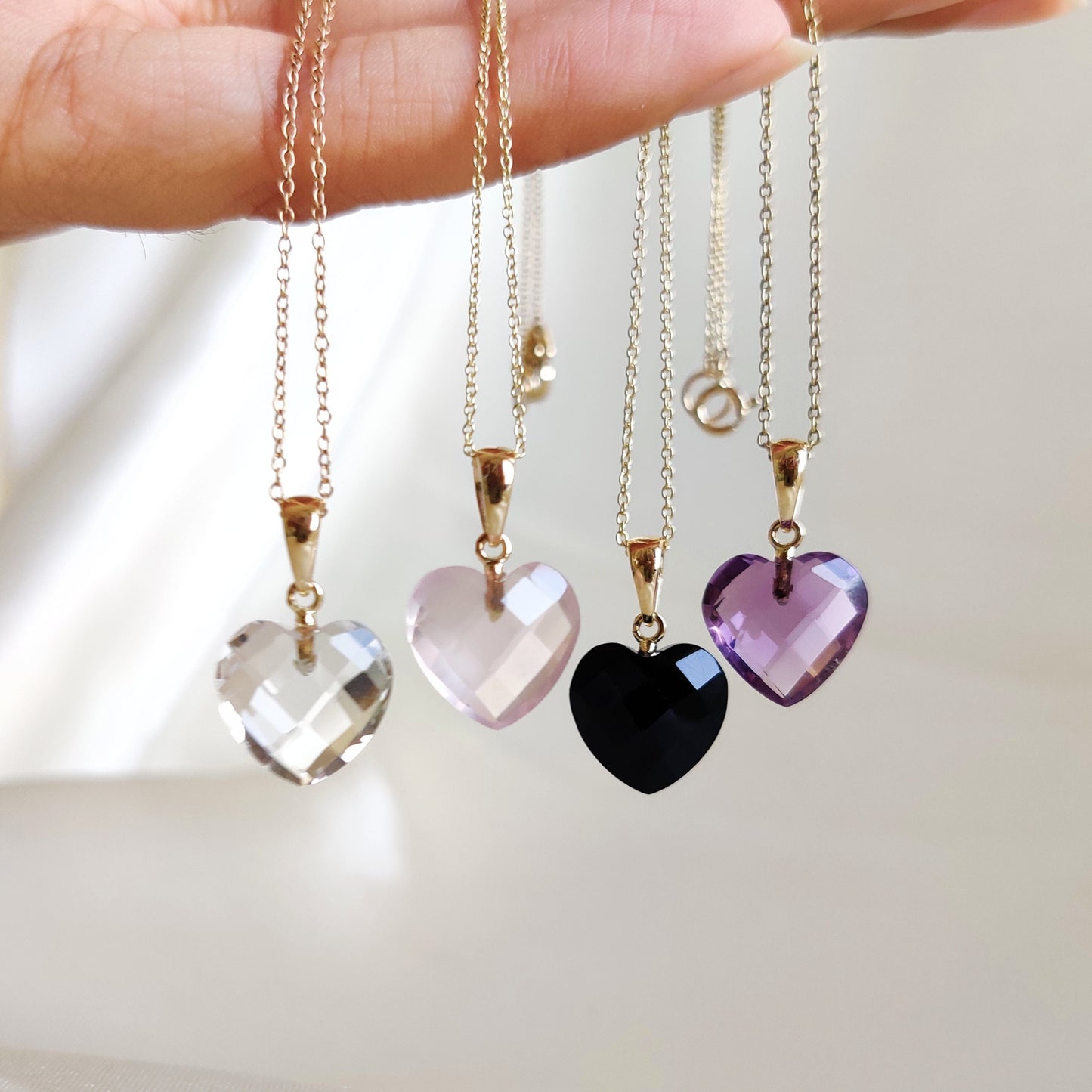 14K Gold Heart Charm Pendant, Natural Rose Quartz, Clear Quartz, Black Onyx, Purple Amethyst, Dainty Natural Gemstone Heart Pendant