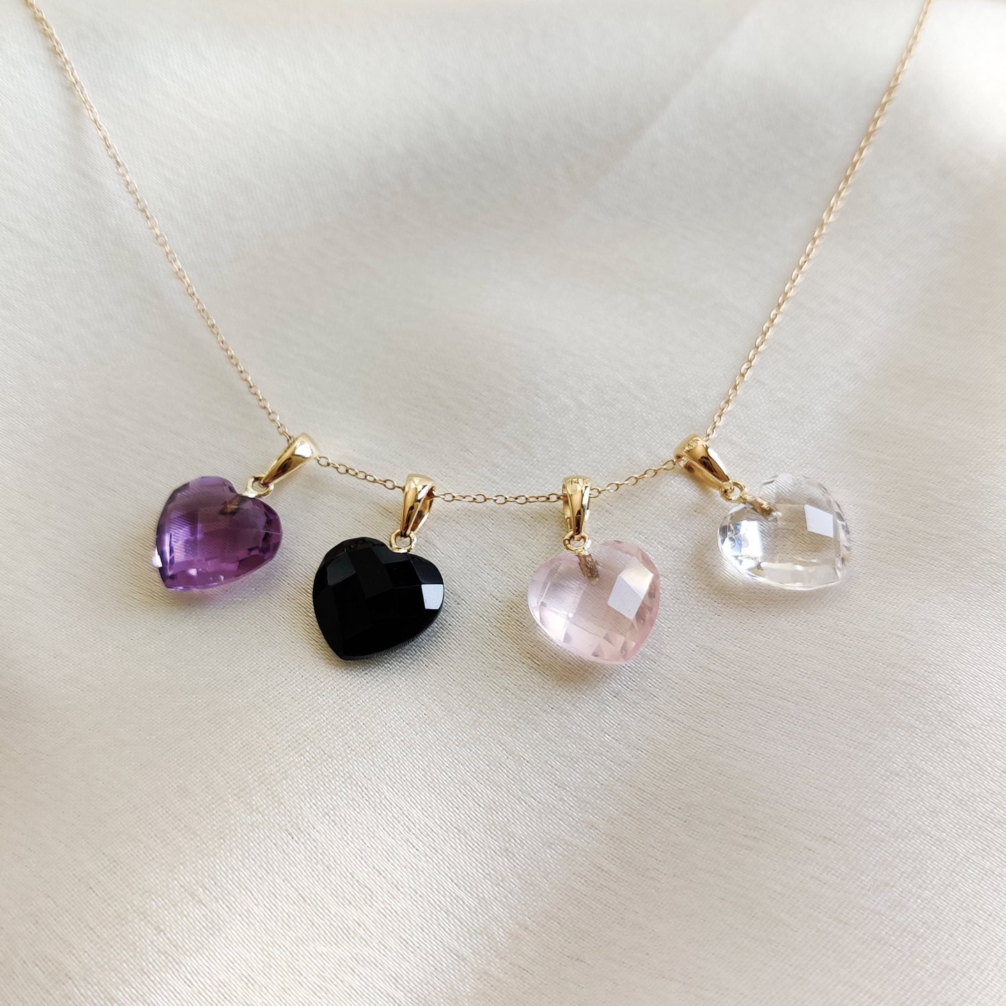 14K Gold Heart Charm Pendant, Natural Rose Quartz, Clear Quartz, Black Onyx, Purple Amethyst, Dainty Natural Gemstone Heart Pendant