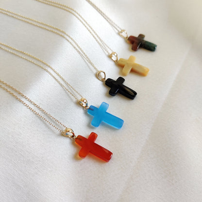 14k Gold Natural Gemstone Cross Pendant, Natural Agate Pendant, Natural Onyx Cross Pendant, Natural Blue Chalcedony,Holy Cross Drill Pendant