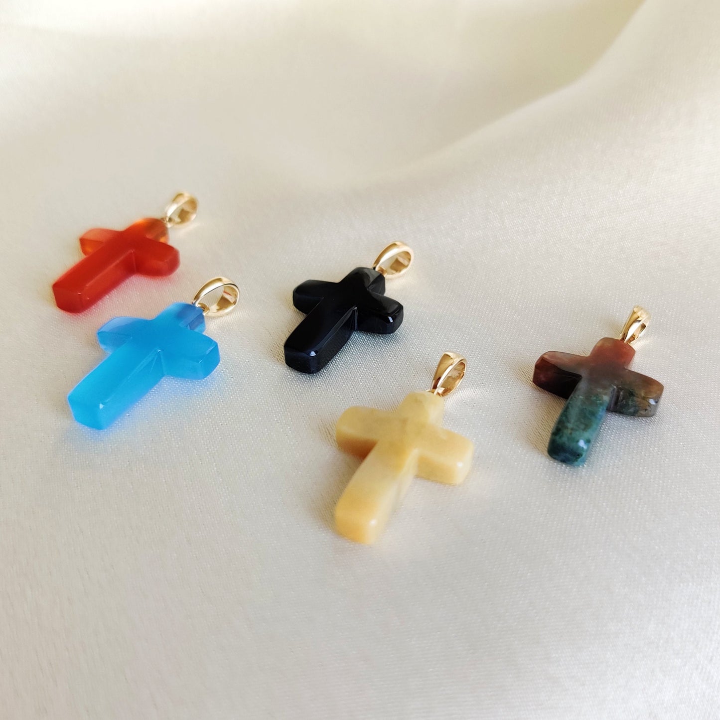 14k Gold Natural Gemstone Cross Pendant, Natural Agate Pendant, Natural Onyx Cross Pendant, Natural Blue Chalcedony,Holy Cross Drill Pendant