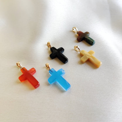 14k Gold Natural Gemstone Cross Pendant, Natural Agate Pendant, Natural Onyx Cross Pendant, Natural Blue Chalcedony,Holy Cross Drill Pendant