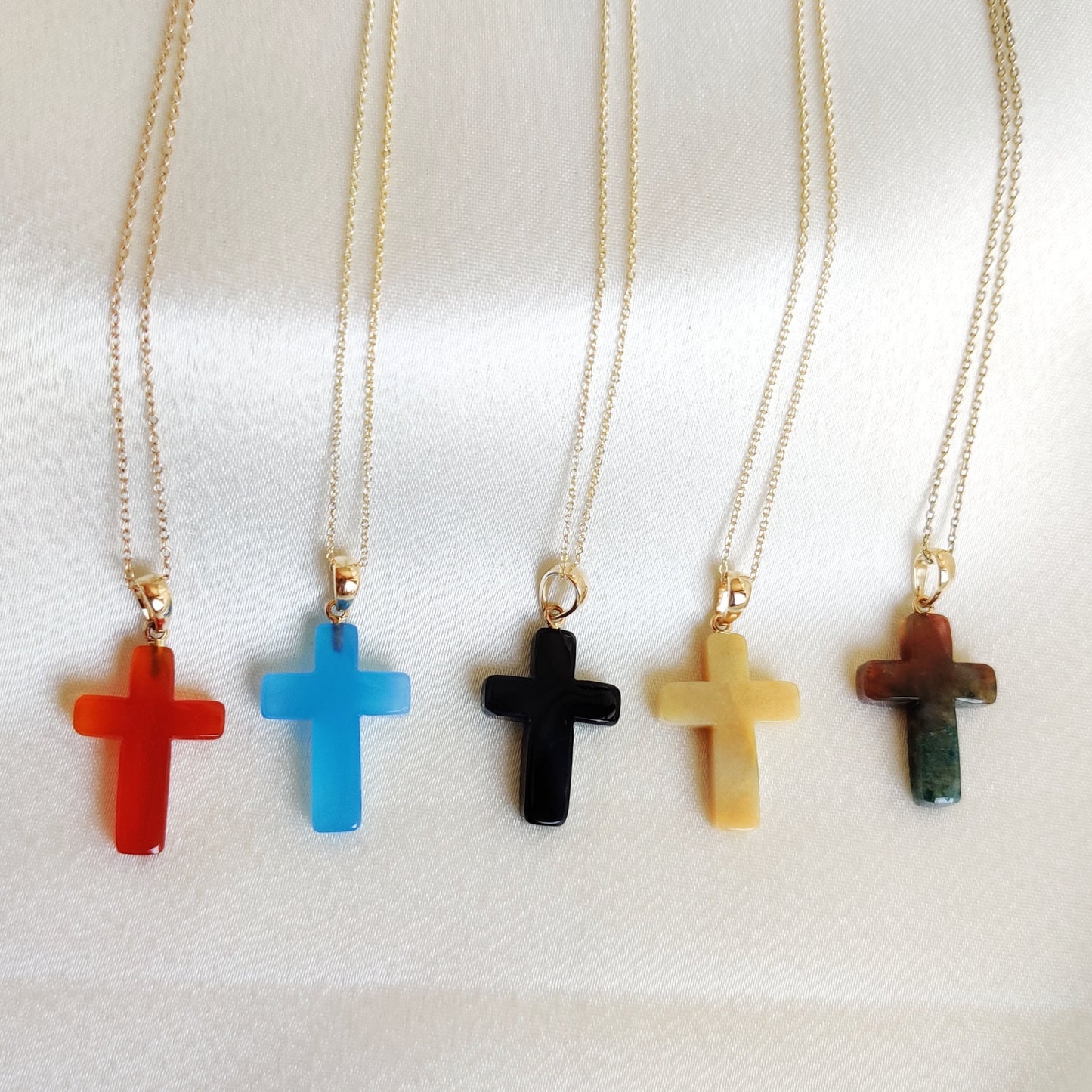 14k Gold Natural Gemstone Cross Pendant, Natural Agate Pendant, Natural Onyx Cross Pendant, Natural Blue Chalcedony,Holy Cross Drill Pendant