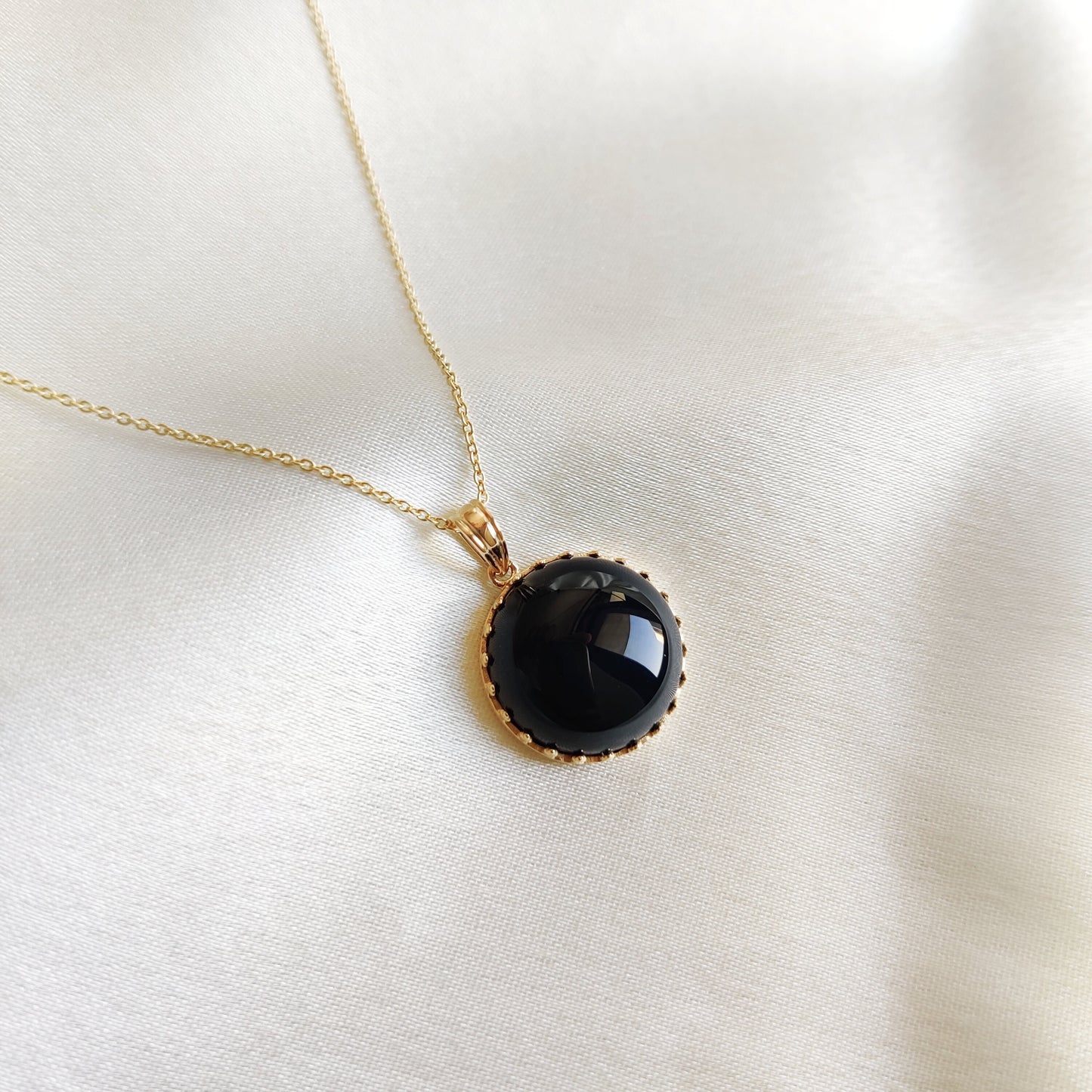 Natural Black Onyx Pendant, 14K Solid Yellow Gold Black Onyx Pendant, December Birthstone Pendant, Crown Bezel Pendant, Round Black Pendant