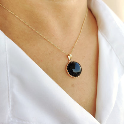 Natural Black Onyx Pendant, 14K Solid Yellow Gold Black Onyx Pendant, December Birthstone Pendant, Crown Bezel Pendant, Round Black Pendant