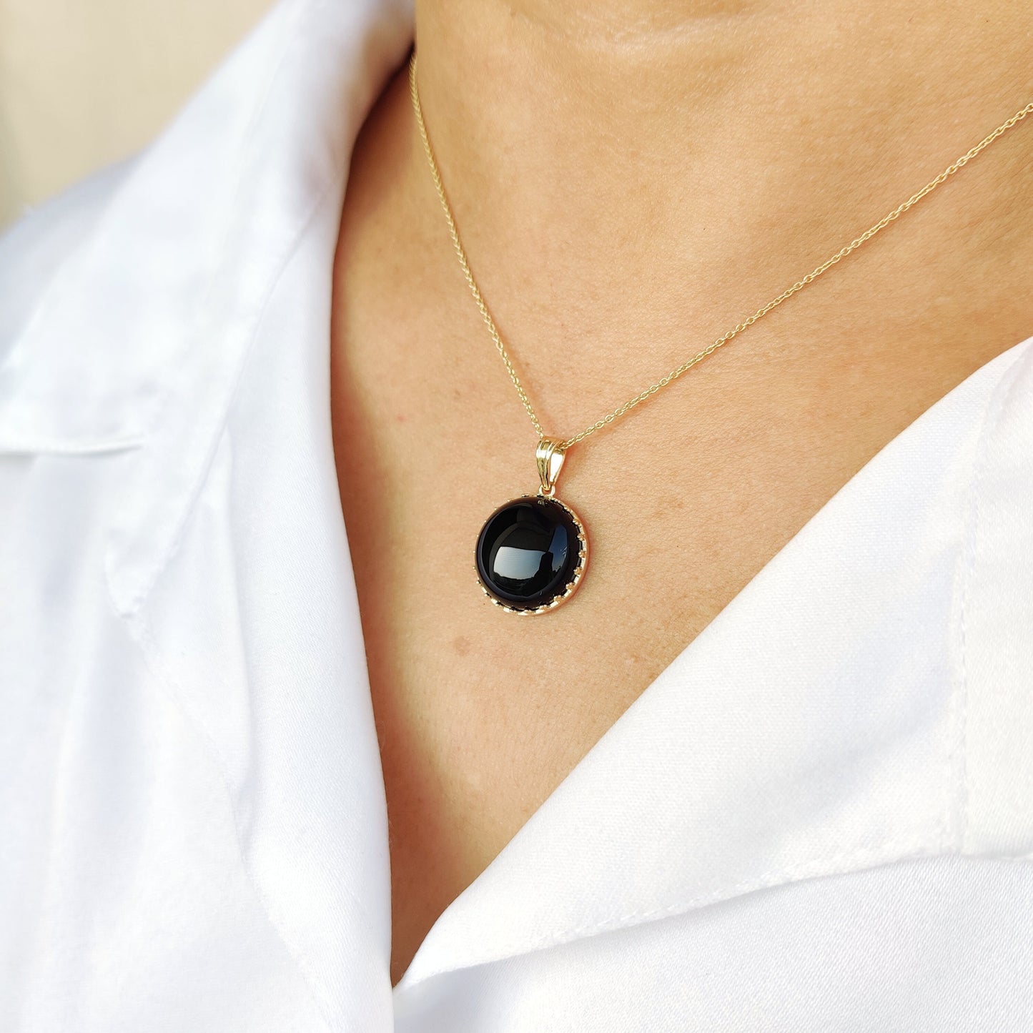 Natural Black Onyx Pendant, 14K Solid Yellow Gold Black Onyx Pendant, December Birthstone Pendant, Crown Bezel Pendant, Round Black Pendant