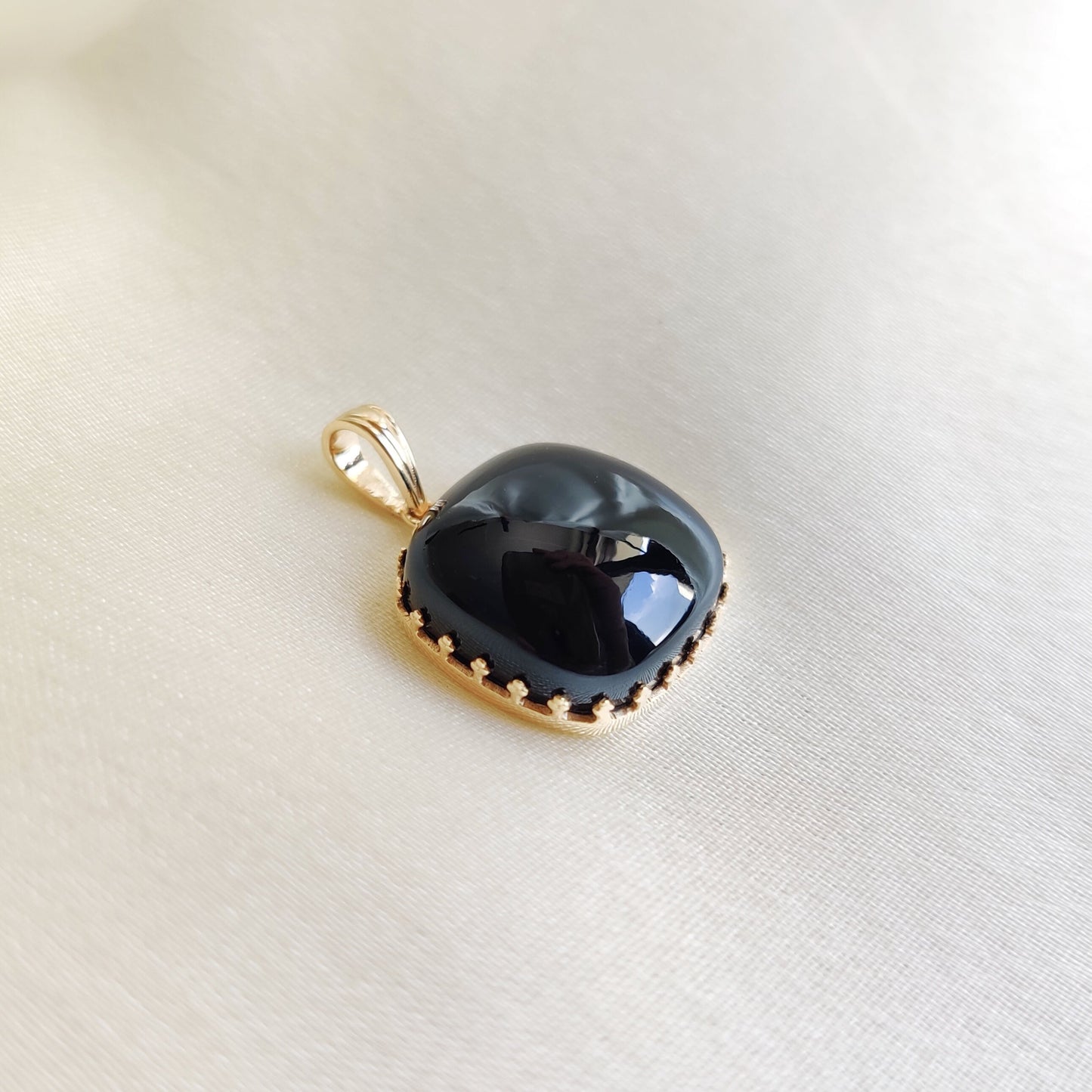 Natural Black Onyx Pendant, 14K Solid Yellow Gold Black Onyx Pendant, December Birthstone Pendant, Crown Bezel Pendant, Cushion Onyx Pendant