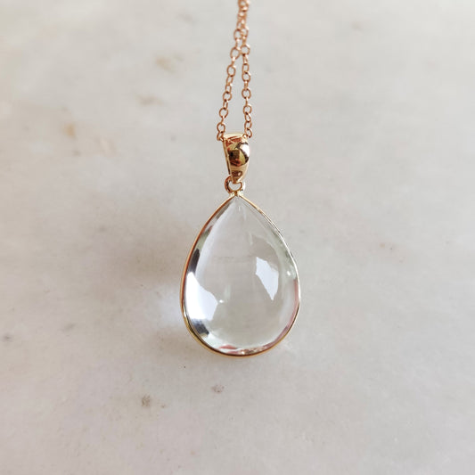 Natural Clear Quartz Pendant, 14K Gold Clear Quartz Pendant, Solid Gold Bezel Pendant, April Birthstone, Christmas Gift, Quartz Jewelry