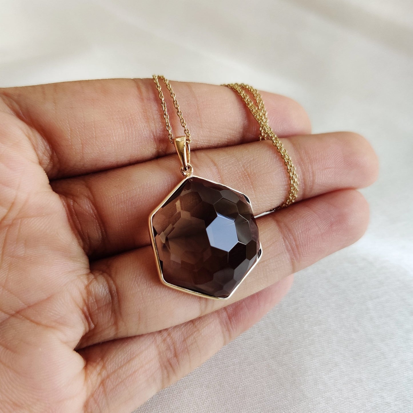 Natural Smoky Quartz Pendant, 14K Solid Yellow Gold Pendant, June Birthstone, Hexagon Pendant, Smoky Quartz Jewelry, Christmas Present