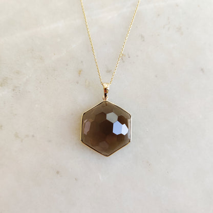 Natural Smoky Quartz Pendant, 14K Solid Yellow Gold Pendant, June Birthstone, Hexagon Pendant, Smoky Quartz Jewelry, Christmas Present