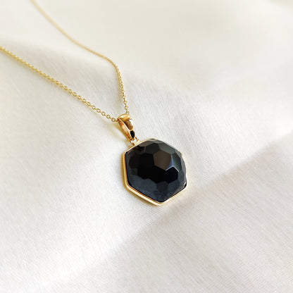 Natural Black Onyx Pendant, 14K Solid Gold Onyx Pendant, Hexagon Pendant, December Birthstone Pendant, Christmas Gift, Black Onyx Jewelry