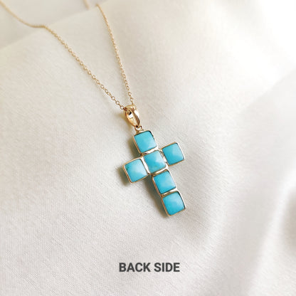 Natural Arizona Turquoise Cross Pendant, 14K Solid Gold Sleeping Beauty Turquoise Pendant, December Birthstone, Turquoise Holy Cross Pendant