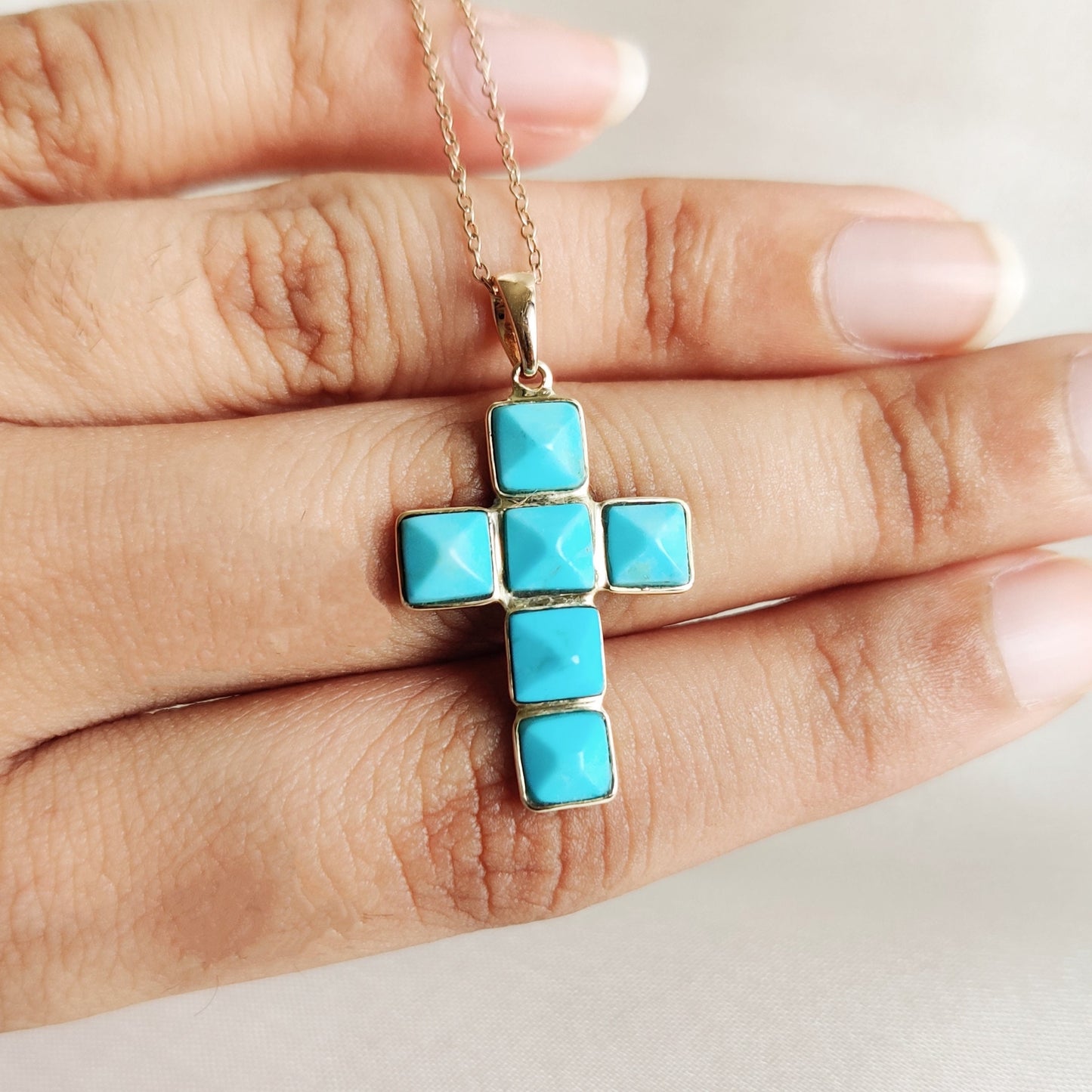 Natural Arizona Turquoise Cross Pendant, 14K Solid Gold Sleeping Beauty Turquoise Pendant, December Birthstone, Turquoise Holy Cross Pendant