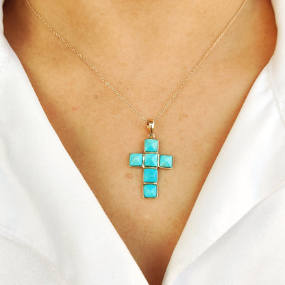 Natural Arizona Turquoise Cross Pendant, 14K Solid Gold Sleeping Beauty Turquoise Pendant, December Birthstone, Turquoise Holy Cross Pendant