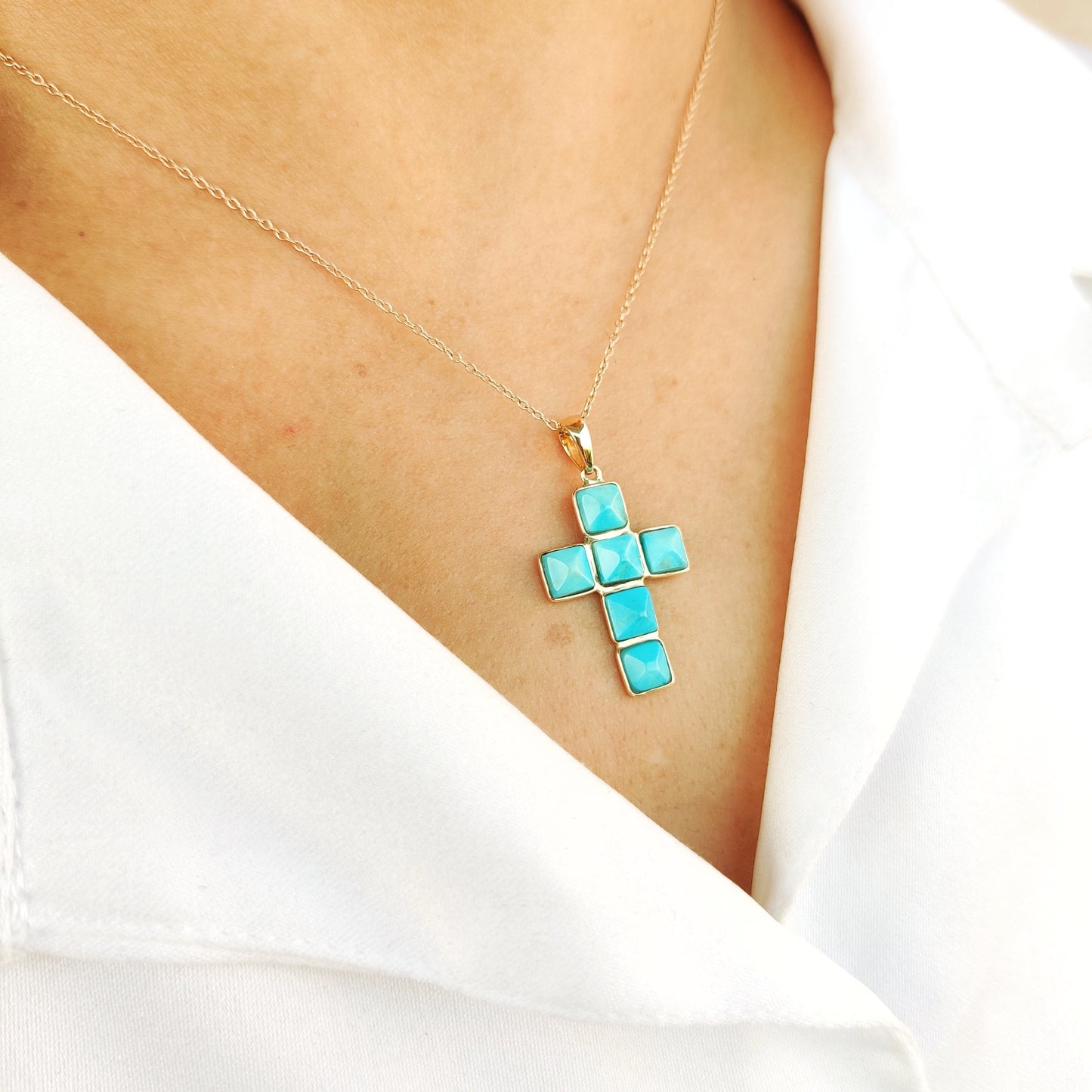 Natural Arizona Turquoise Cross Pendant, 14K Solid Gold Sleeping Beauty Turquoise Pendant, December Birthstone, Turquoise Holy Cross Pendant