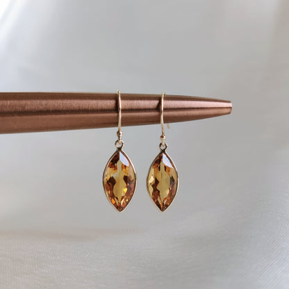 Natural Citrine Earrings, 14K Solid Yellow Gold Citrine Earring, Bezel Earrings, November Birthstone, Drop Earrings, Christmas Present