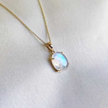 Natural Rainbow Moonstone Pendant, 14K Solid Yellow Gold Moonstone Pendant, June Birthstone Pendant, Christmas Gift, Blue Moonstone Jewelry