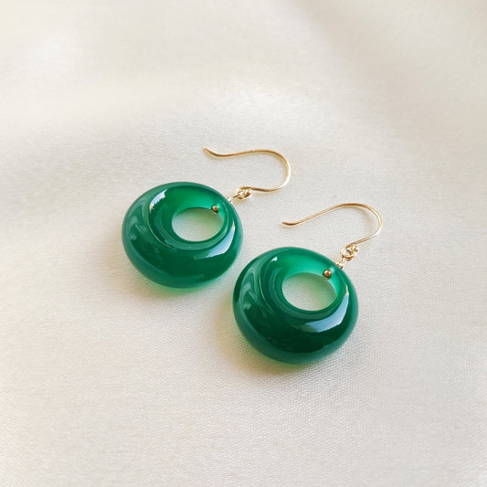 Natural Green Onyx Donut Earrings, 14K Solid Yellow Gold Onyx Earrings, May Birthstone Earring, Christmas Earrings, Green Onyx Jewelry