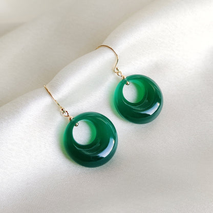 Natural Green Onyx Donut Earrings, 14K Solid Yellow Gold Onyx Earrings, May Birthstone Earring, Christmas Earrings, Green Onyx Jewelry