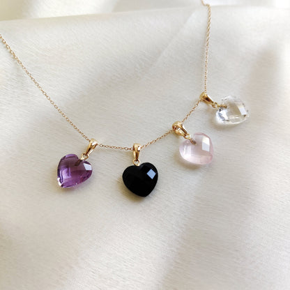 14K Gold Heart Charm Pendant, Natural Rose Quartz, Clear Quartz, Black Onyx, Purple Amethyst, Dainty Natural Gemstone Heart Pendant