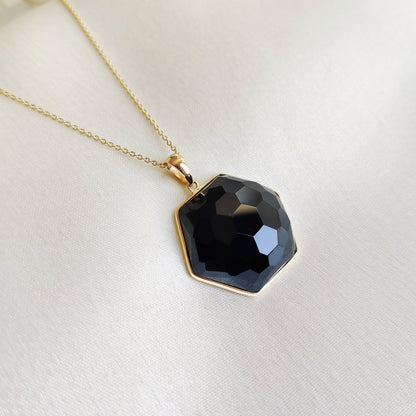 Natural Black Onyx Pendant, 14K Solid Yellow Gold Black Onyx Pendant, Bezel Pendant, December Birthstone, Christmas Gift, Hexagon Pendant