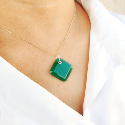 Natural Green Onyx Pendant, 14K Solid Yellow Gold Onyx Pendant, May Birthstone Pendant, Green Onyx Jewelry, Christmas Pendant