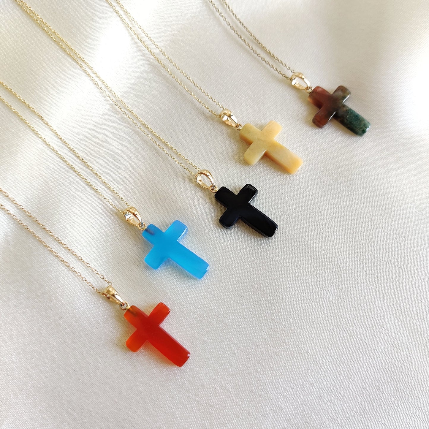 14k Gold Natural Gemstone Cross Pendant, Natural Agate Pendant, Natural Onyx Cross Pendant, Natural Blue Chalcedony,Holy Cross Drill Pendant