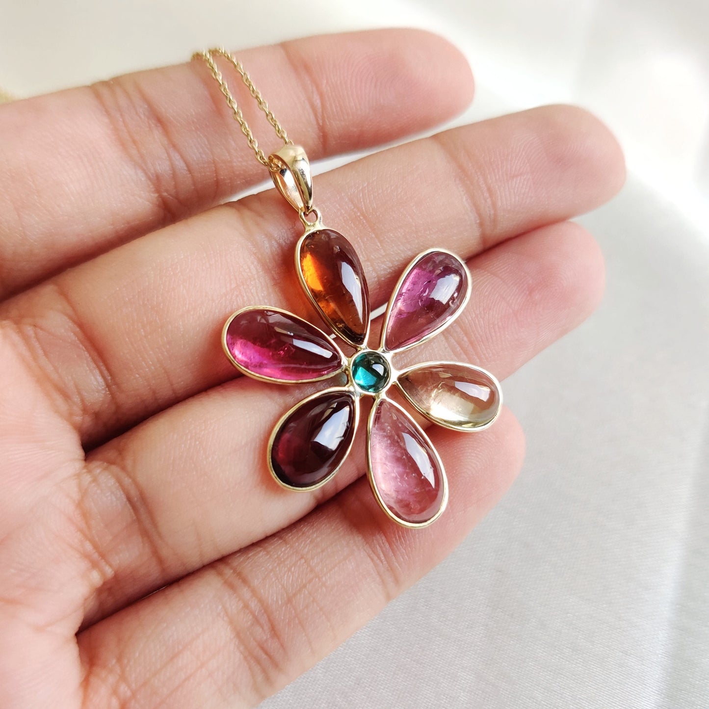 Natural Multi Tourmaline Pendant, 14K Solid Yellow Gold Pendant, October Birthstone Pendant, Dainty Flower Pendant, Tourmaline Jewelry