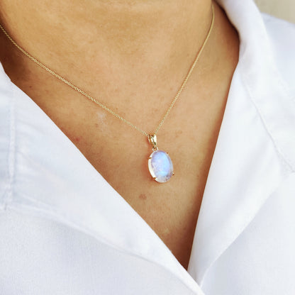 Natural Rainbow Moonstone Pendant, 14K Solid Yellow Gold Moonstone Pendant, June Birthstone Pendant, Christmas Gift, Blue Moonstone Jewelry