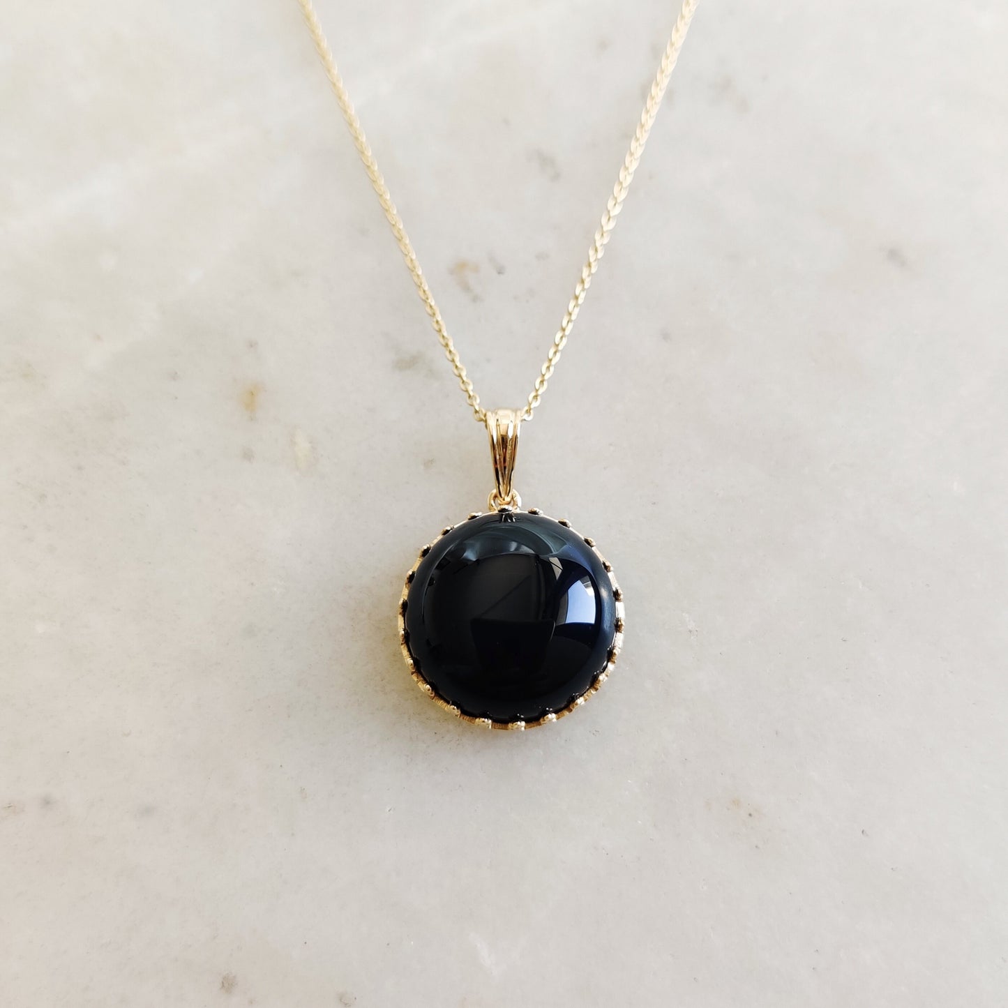 Natural Black Onyx Pendant, 14K Solid Yellow Gold Black Onyx Pendant, December Birthstone Pendant, Crown Bezel Pendant, Round Black Pendant